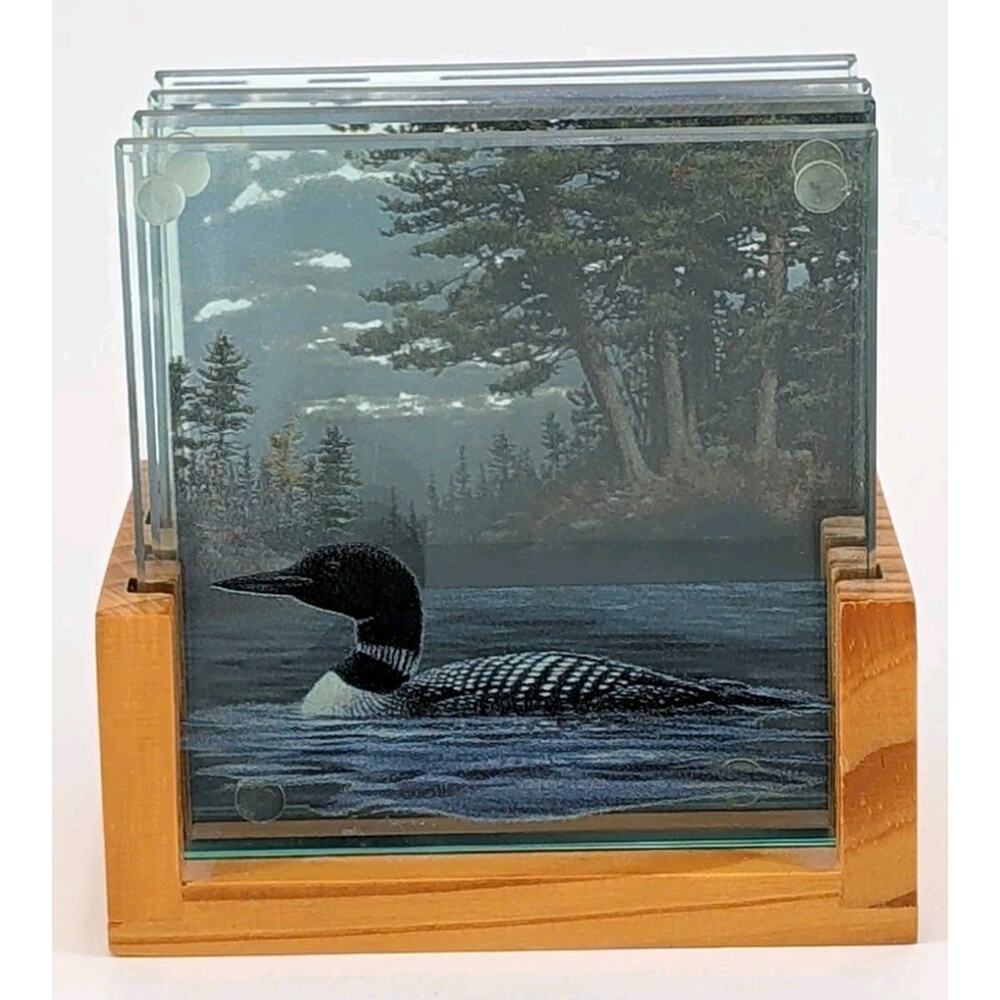 Highland Tempered Glass Coasters Wood Display Loon Duck On Lake 3D Stand Set 4